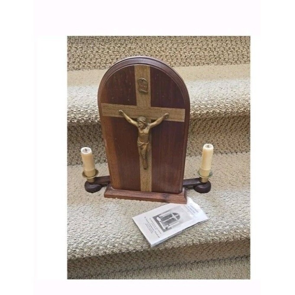 Vintage Sick Call Last Rites Crucifix Wall Hanging Candle Wood Catholic cross